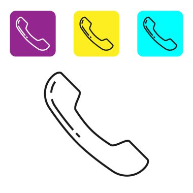 Siyah çizgi Telefon ahizesimgesi beyaz arka planda yalıtılmış. Telefon tabelası. Simgeleri renkli kare düğmeleri ayarlayın. Vektör İllüstrasyonu