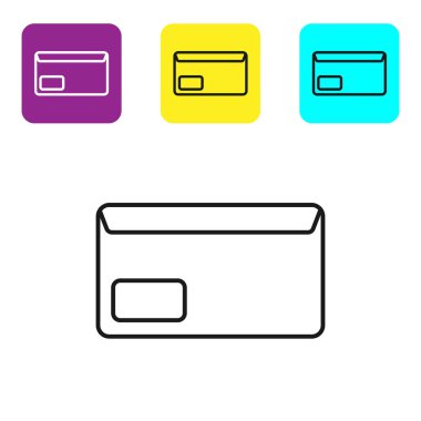 Beyaz arka planda yalıtılmış siyah çizgi Zarf simgesi. E-posta ileti mektubu simgesi. Simgeleri renkli kare düğmeleri ayarlayın. Vektör İllüstrasyonu