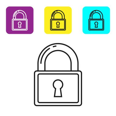 Beyaz arka planda yalıtılmış siyah çizgi Kilit simgesi. Asma kilit işareti. Güvenlik, güvenlik, koruma, gizlilik kavramı. Simgeleri renkli kare düğmeleri ayarlayın. Vektör İllüstrasyonu