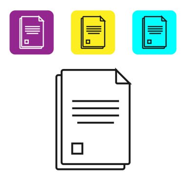 Beyaz arka planda yalıtılmış siyah satır Dosya belge simgesi. Denetim listesi simgesi. İş konsepti. Simgeleri renkli kare düğmeleri ayarlayın. Vektör İllüstrasyonu