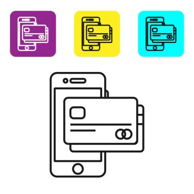 Siyah çizgi Cep telefonu ve kredi kartı simgesi beyaz arka planda yalıtılmış. Smartphone online ödeme konsepti. Nfc ödeme. Transfer simgesi. Simgeleri renkli kare düğmeleri ayarlayın. Vektör İllüstrasyonu