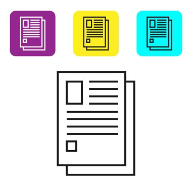 Beyaz arka planda yalıtılmış siyah satır Dosya belge simgesi. Denetim listesi simgesi. İş konsepti. Simgeleri renkli kare düğmeleri ayarlayın. Vektör İllüstrasyonu