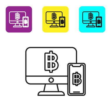 Beyaz arka planda izole pound sterlin simgesi ile Siyah hat Bilgisayar monitörü. Online alışveriş konsepti. İnternettekazanç. Simgeleri renkli kare düğmeleri ayarlayın. Vektör İllüstrasyonu