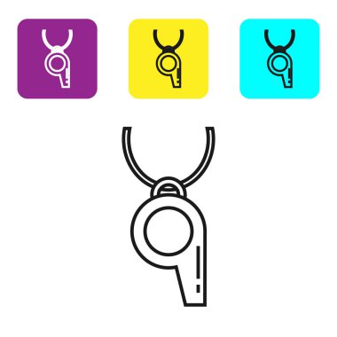 Siyah çizgi Whistle simgesi beyaz arka planda yalıtılmış. Hakem sembolü. Fitness ve spor işareti. Simgeleri renkli kare düğmeleri ayarlayın. Vektör İllüstrasyonu