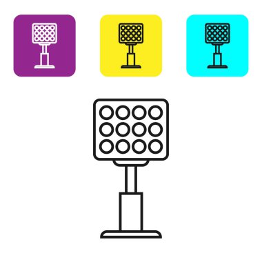 Siyah çizgi Parlak stadyum ışıkları simgesi beyaz arka plan üzerinde izole. Spot ışığı bir futbol sahasında. Projektör, ışık projektörü. Simgeleri renkli kare düğmeleri ayarlayın. Vektör İllüstrasyonu