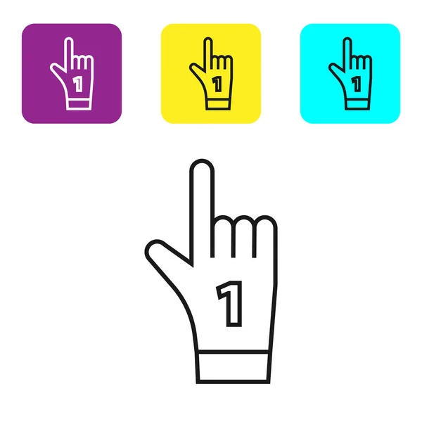 Schwarze Linie Nummer 1 ein Fan-Handschuh mit erhobenem Finger-Symbol auf weißem Hintergrund. Symbol der Teamunterstützung bei Wettbewerben. setzen Symbole bunte quadratische Tasten. Vektorillustration — Stockvektor