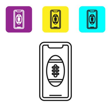 Beyaz arka plan üzerinde izole ekran simgesi amerikan futbol topu ile Siyah çizgi Smartphone. Cep telefonu için online futbol oyunu. Simgeleri renkli kare düğmeleri ayarlayın. Vektör İllüstrasyonu