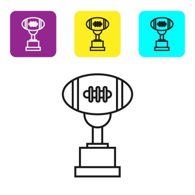 Siyah çizgi Ödül kupası ve Amerikan futbol topu simgesi beyaz arka plan üzerinde izole. Kazanan kupa sembolü. Şampiyonluk ya da yarışma kupası. Simgeleri renkli kare düğmeleri ayarlayın. Vektör İllüstrasyonu