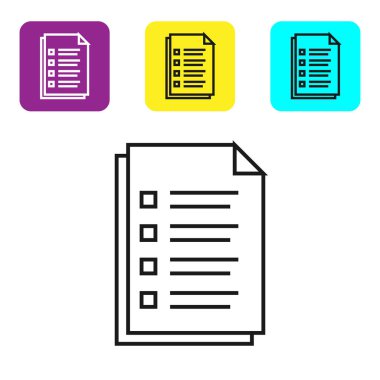 Beyaz arka planda yalıtılmış siyah satır Dosya belge simgesi. Denetim listesi simgesi. İş konsepti. Simgeleri renkli kare düğmeleri ayarlayın. Vektör İllüstrasyonu