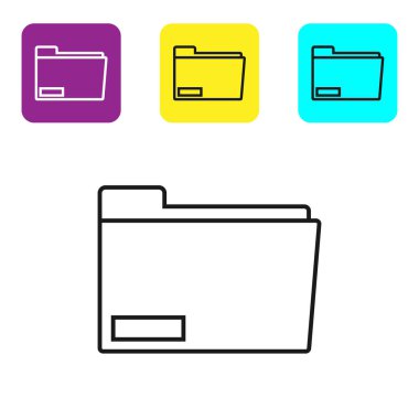 Beyaz arka planda yalıtılmış siyah çizgi Belge klasör simgesi. Muhasebe bağlayıcı sembolü. Muhasebe yönetimi. Simgeleri renkli kare düğmeleri ayarlayın. Vektör İllüstrasyonu