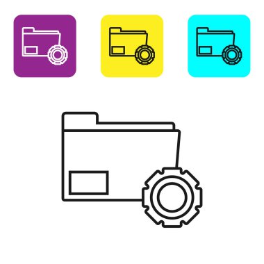 Beyaz arka planda dişlisimgesi olan siyah çizgi Klasör ayarları. Yazılım güncellemesi, transfer protokolü, takım çalışması araç yönetimi, kopyalama işlemi. Simgeleri renkli kare düğmeleri ayarlayın. Vektör İllüstrasyonu