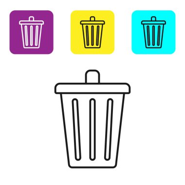 Siyah satır Çöp kutusu beyaz arka planda yalıtılmış simgesi olabilir. Çöp kutusu tabelası. Sepet simgesini geri dönüştürün. Office çöp simgesi. Simgeleri renkli kare düğmeleri ayarlayın. Vektör İllüstrasyonu