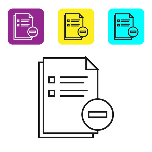 Ligne noire Document avec icône moins isolé sur fond blanc. Un document clair. Supprimer le document de fichier. Supprimer le fichier d'informations. Set icônes boutons carrés colorés. Illustration vectorielle — Image vectorielle