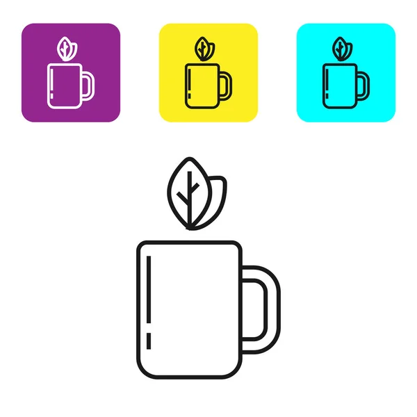 Línea negra Taza de té y hoja icono aislado sobre fondo blanco. Establecer iconos coloridos botones cuadrados. Ilustración vectorial — Vector de stock