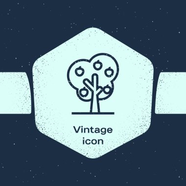 Mavi arka plan üzerinde izole elma simgesi ile Grunge hattı Ağaç. Tarım tesisi. Organik tarım ürünleri. Bahçe teması. Tek renkli vintage çizim. Vektör İllüstrasyonu