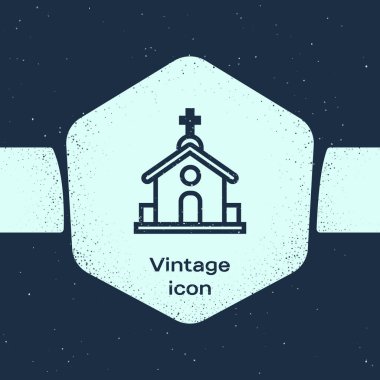 Grunge hattı Kilise bina simgesi mavi arka plan üzerinde izole. Hıristiyan Kilisesi. Kilise dini. Tek renkli vintage çizim. Vektör İllüstrasyonu