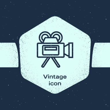 Grunge hattı Sinema kamera simgesi mavi arka plan üzerinde izole. Video kamera. Film tabelası. Film projektörü. Tek renkli vintage çizim. Vektör İllüstrasyonu