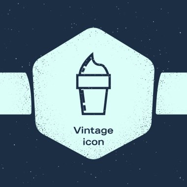 Grunge hattı Dondurma waffle koni simgesi mavi arka plan üzerinde izole. Tatlı bir sembol. Tek renkli vintage çizim. Vektör İllüstrasyonu