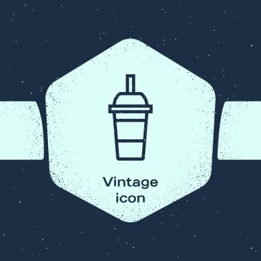 Grunge hattı İçme saman ve su simgesi mavi arka plan üzerinde izole ile Kağıt cam. Soda bardak iç. Taze soğuk içecek sembolü. Tek renkli vintage çizim. Vektör İllüstrasyonu