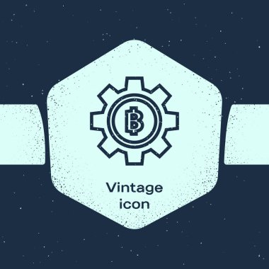 Grunge hattı Cryptocurrency sikke Bitcoin simgesi mavi arka plan üzerinde izole. Dişli ve Bitcoin ayarı. Blockchain tabanlı güvenli kripto para birimi. Tek renkli vintage çizim. Vektör İllüstrasyonu