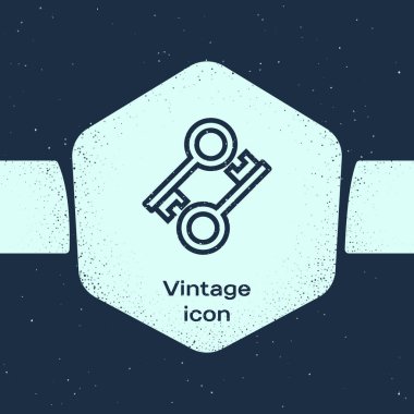 Grunge hattı Cryptocurrency anahtar simgesi mavi arka planda yalıtılmış. Siber güvenlik veya özel anahtar kavramı, teknoloji arayüzü ile dijital anahtar. Tek renkli vintage çizim. Vektör İllüstrasyonu