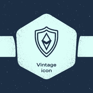 Grunge hattı Shield Ethereum Eth simgesi mavi arka plan üzerinde izole. Kripto para madenciliği, blockchain teknolojisi, güvenlik, koruma, dijital para. Tek renkli vintage çizim. Vektör İllüstrasyonu