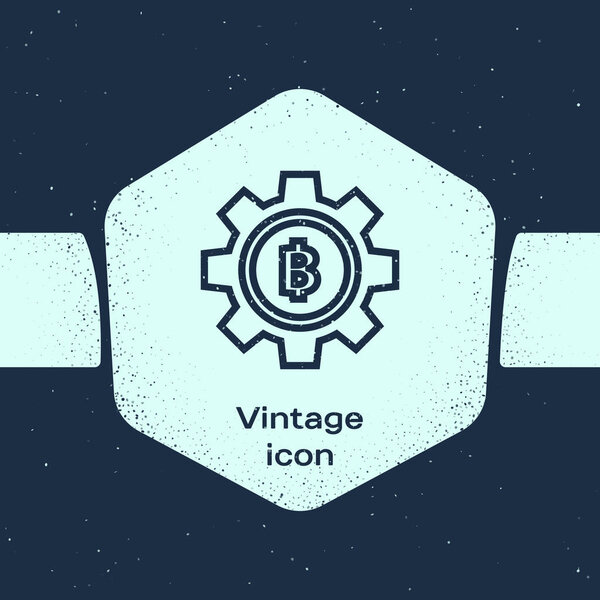 Grunge line Cryptocurrency coin Bitcoin icon isolated on blue background. Gear and Bitcoin setting. Blockchain based secure crypto currency. Monochrome vintage drawing. Vector Illustration