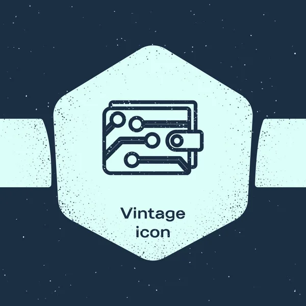 Grunge line Icono de billetera criptomoneda aislado sobre fondo azul. Cartera y bitcoin signo. Concepto minero. Dinero, pago, efectivo, icono de pago. Dibujo vintage monocromo. Ilustración vectorial — Archivo Imágenes Vectoriales