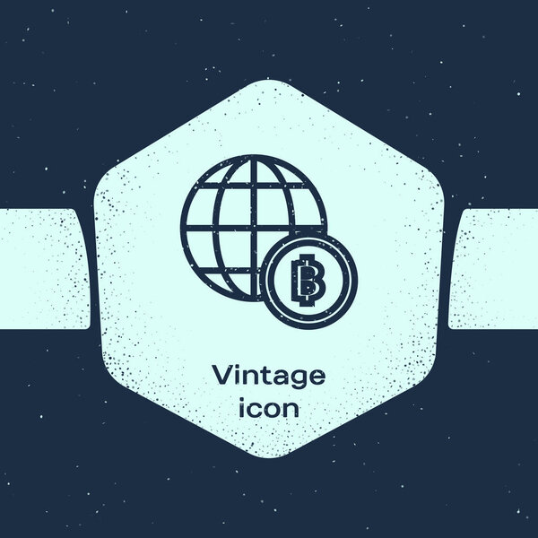 Grunge line Globe and cryptocurrency coin Bitcoin icon isolated on blue background. Physical bit coin. Blockchain based secure crypto currency. Monochrome vintage drawing. Vector Illustration