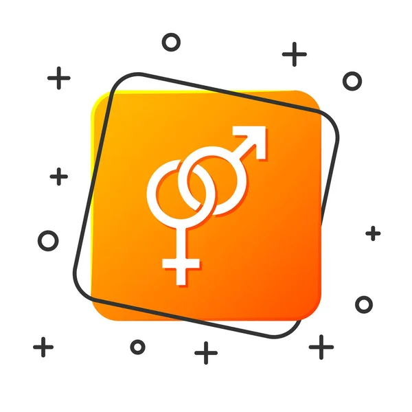 Weißes Gender-Symbol isoliert auf weißem Hintergrund. Symbole von Männern und Frauen. Sexsymbol. orangefarbene quadratische Taste. Vektorillustration — Stockvektor