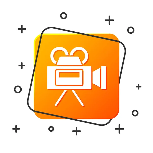 Weißes Kinokamera-Symbol isoliert auf weißem Hintergrund. Videokamera. Filmschild. Filmprojektor. orangefarbene quadratische Taste. Vektorillustration — Stockvektor