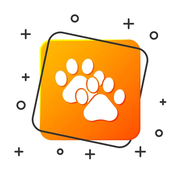 White Paw print icon isolated on white background. Dog or cat paw print. Animal track. Orange square button. Vector Illustration