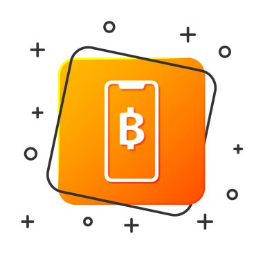 Beyaz Telefon cep telefonu ve kripto para sikke Bitcoin simgesi beyaz arka plan üzerinde izole. Fiziksel biraz para. Blockchain tabanlı güvenli kripto para birimi. Turuncu kare düğme. Vektör İllüstrasyonu