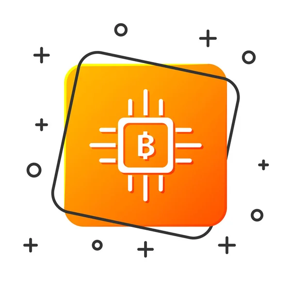 Icono blanco de la granja minera CPU aislado sobre fondo blanco. Bitcoin signo dentro del procesador. Criptomoneda comunidad minera. Dinero digital. Botón cuadrado naranja. Ilustración vectorial — Archivo Imágenes Vectoriales