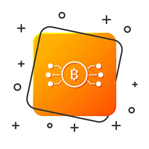 Beyaz kripto para birimi bitcoin beyaz arka plan üzerinde izole mikroçip devre simgesi ile daire içinde. Blockchain teknolojisi, dijital para piyasası. Turuncu kare düğme. Vektör İllüstrasyonu — Stok Vektör
