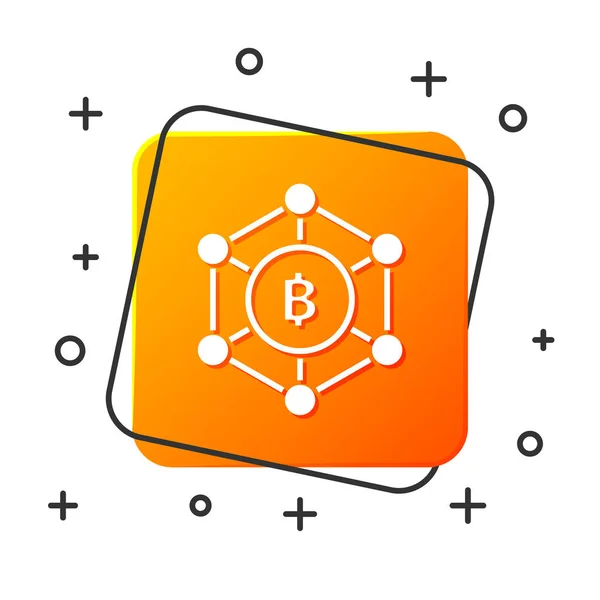 Tecnología Blockchain blanca Icono de Bitcoin aislado sobre fondo blanco. Negocio abstracto de tecnología de red de cadena de bloques geométricos. Botón cuadrado naranja. Ilustración vectorial — Archivo Imágenes Vectoriales