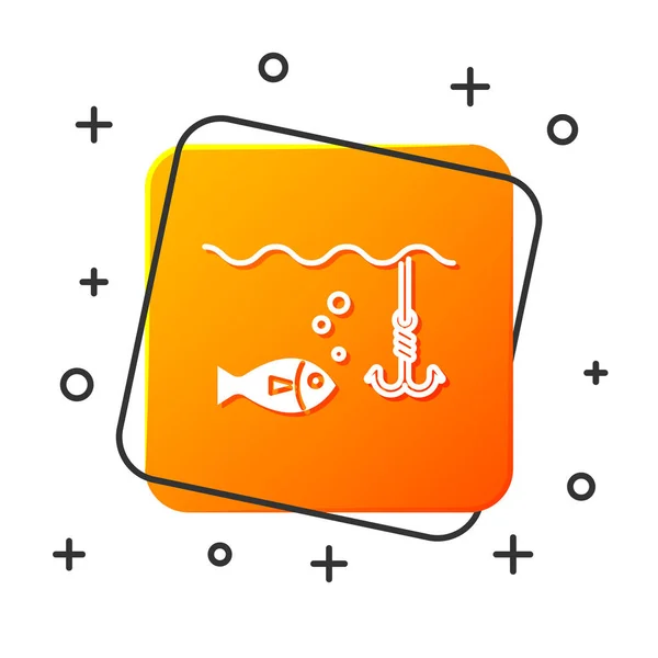 Gancho de pesca blanco bajo el agua con icono de pescado aislado sobre fondo blanco. Aparejos de pesca. Botón cuadrado naranja. Ilustración vectorial — Vector de stock