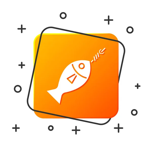 Pescado blanco en icono de gancho aislado sobre fondo blanco. Botón cuadrado naranja. Ilustración vectorial — Vector de stock