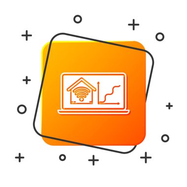 Beyaz arka plan üzerinde izole wi-fi simgesi ile akıllı ev ile Beyaz Laptop. Uzaktan kumanda. Turuncu kare düğme. Vektör İllüstrasyonu