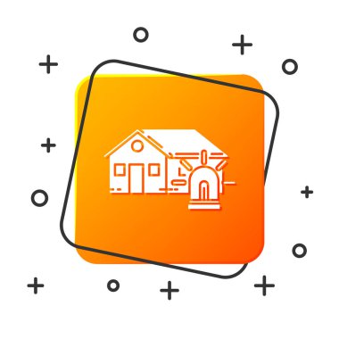 Beyaz Akıllı ev ve alarm simgesi beyaz arka plan üzerinde izole. Akıllı evin güvenlik sistemi. Turuncu kare düğme. Vektör İllüstrasyonu