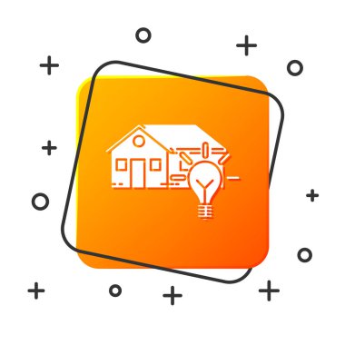 Beyaz Akıllı ev ve ampul simgesi beyaz arka plan üzerinde izole. Turuncu kare düğme. Vektör İllüstrasyonu