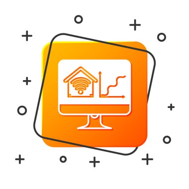 Beyaz arka plan üzerinde izole wi-fi simgesi ile akıllı ev ile Beyaz Bilgisayar monitör. Uzaktan kumanda. Turuncu kare düğme. Vektör İllüstrasyonu