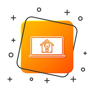 Beyaz dizüstü bilgisayar akıllı ev ve ampul simgesi beyaz arka plan üzerinde izole ile. Turuncu kare düğme. Vektör İllüstrasyonu