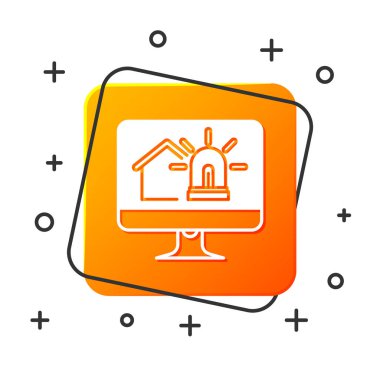 Beyaz arka planda izole edilmiş akıllı ev ve alarm simgesine sahip Beyaz Bilgisayar monitörü. Akıllı evin güvenlik sistemi. Turuncu kare düğme. Vektör İllüstrasyonu