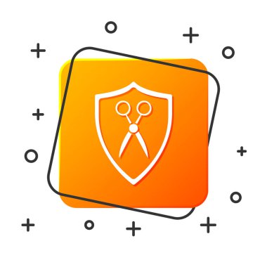 Beyaz Makas kuaför ve kalkan simgesi beyaz arka plan üzerinde izole. Kuaför, moda salonu ve berber burcu. Berber dükkanı sembolü. Turuncu kare düğme. Vektör İllüstrasyonu