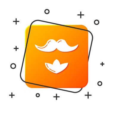 Beyaz bıyık ve sakal simgesi beyaz arka plan üzerinde izole. Berber dükkanı sembolü. Yüz saç stili. Turuncu kare düğme. Vektör İllüstrasyonu