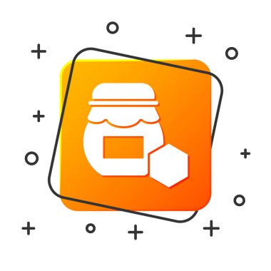 Beyaz arka plan üzerinde izole bal simgesi Beyaz Kavanoz. Yemek bankası. Tatlı doğal gıda sembolü. Turuncu kare düğme. Vektör İllüstrasyonu