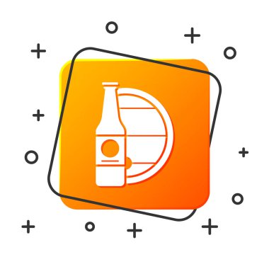 Beyaz Bira şişesi ve ahşap varil simgesi beyaz arka plan üzerinde izole. Turuncu kare düğme. Vektör İllüstrasyonu