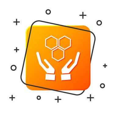 Beyaz Petek ve eller simgesi beyaz arka plan üzerinde izole. Bal hücreleri sembolü. Tatlı doğal yemekler. Turuncu kare düğme. Vektör İllüstrasyonu