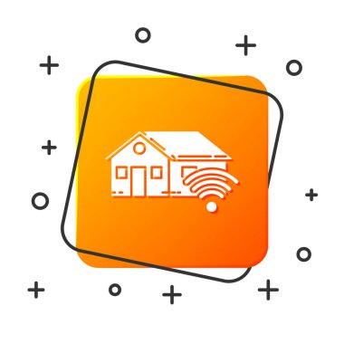 Beyaz arka planda izole wi-fi simgesi ile Beyaz Akıllı ev. Uzaktan kumanda. Turuncu kare düğme. Vektör İllüstrasyonu